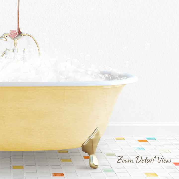 A yellow clawfoot bathtub filled with bubbles, with a text overlay that reads "Zoom Detail View".