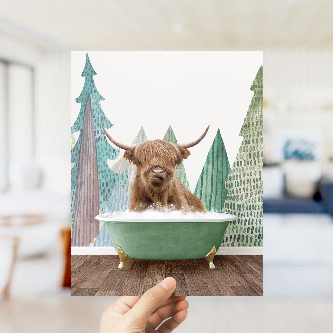 A brown cow with horns is sitting in a green bathtub, surrounded by a forest scene with trees and a blue sky.