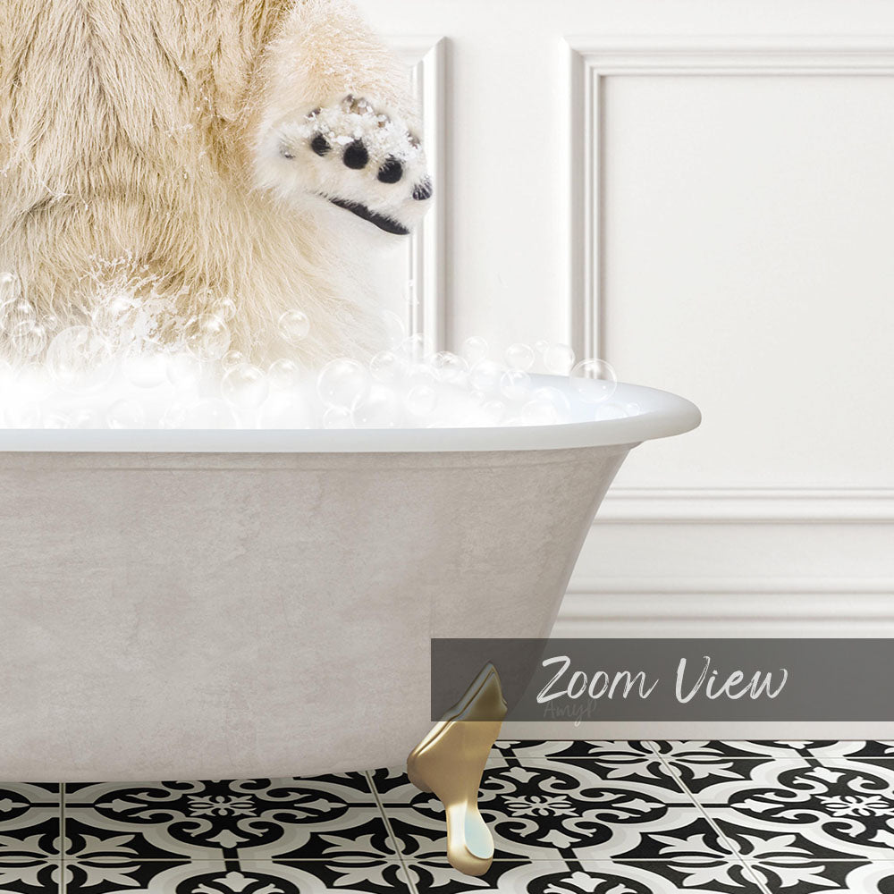 A fluffy white polar bear is standing in a bathtub filled with bubbles, with a black and white patterned floor in the foreground.