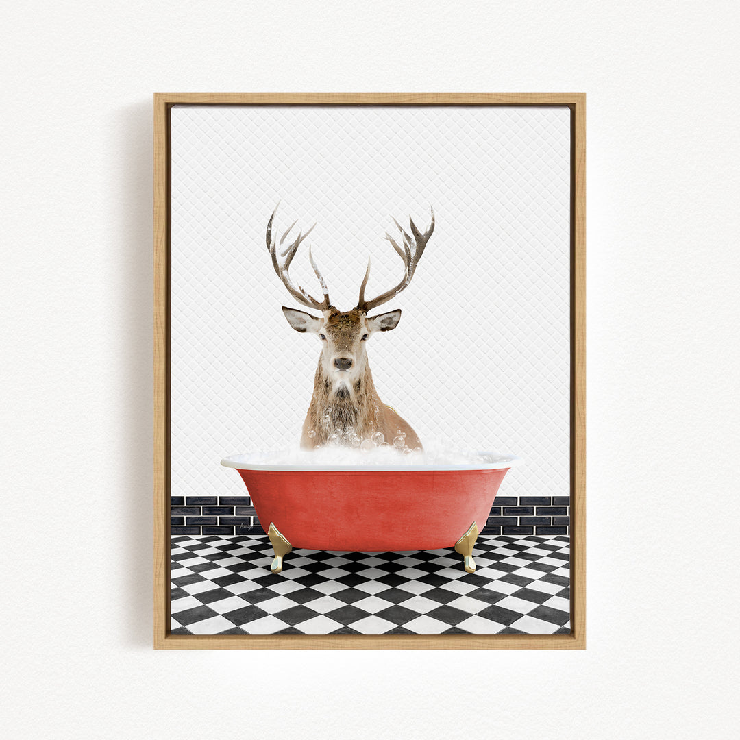 A deer with large antlers is sitting in a red bathtub filled with water, surrounded by a black and white checkered floor.