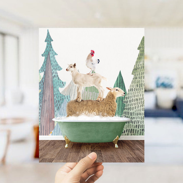 A hand holds up a collage of a goat, chicken, and sheep standing on a green bathtub, surrounded by a forest scene.
