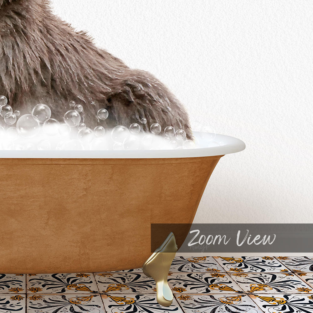 A close-up of a dog's paw submerged in a bathtub filled with bubbles, with a text overlay that reads "Zoom View".