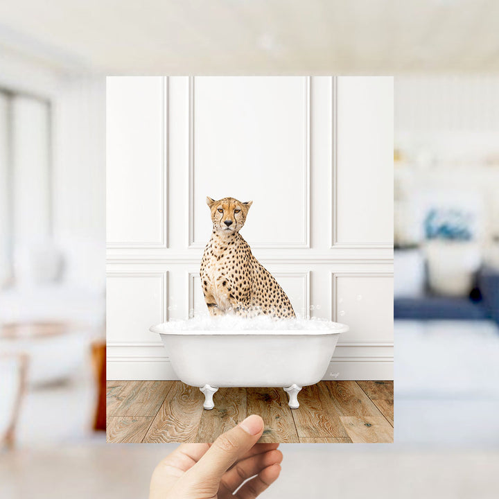 A cheetah sitting in a white bathtub filled with water, with a blurred background suggesting a bathroom setting.