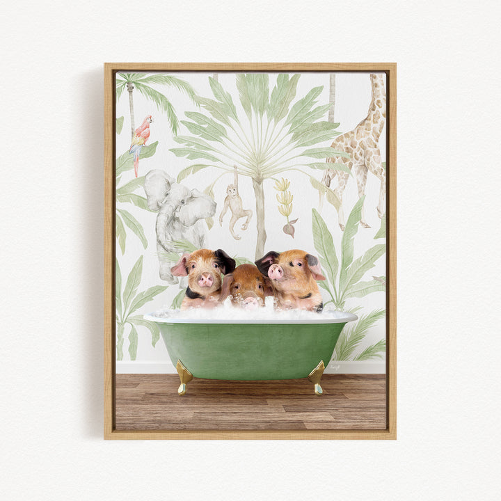 A framed print depicting three pigs sitting in a green bathtub, surrounded by a tropical jungle wallpaper with various animals and plants.