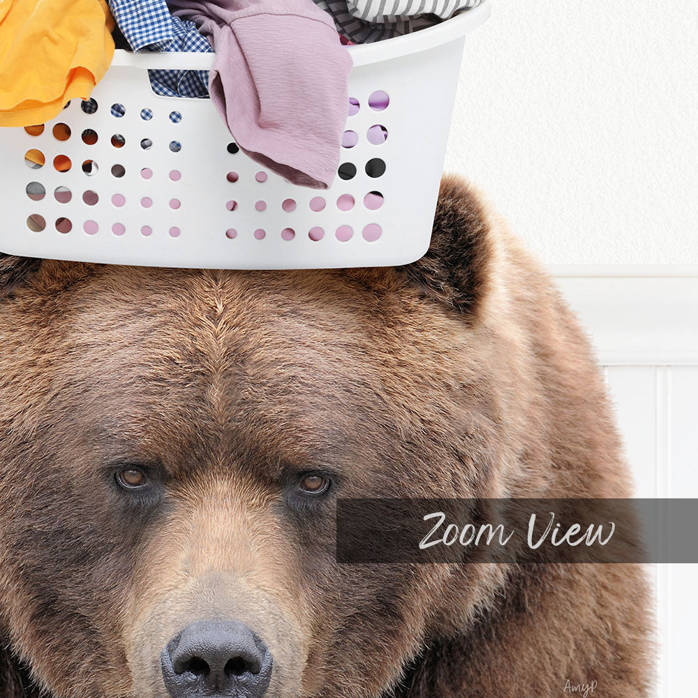 A close-up of a brown bear's face, with a laundry basket on its head, and the text "Zoom View" overlaid on the image.