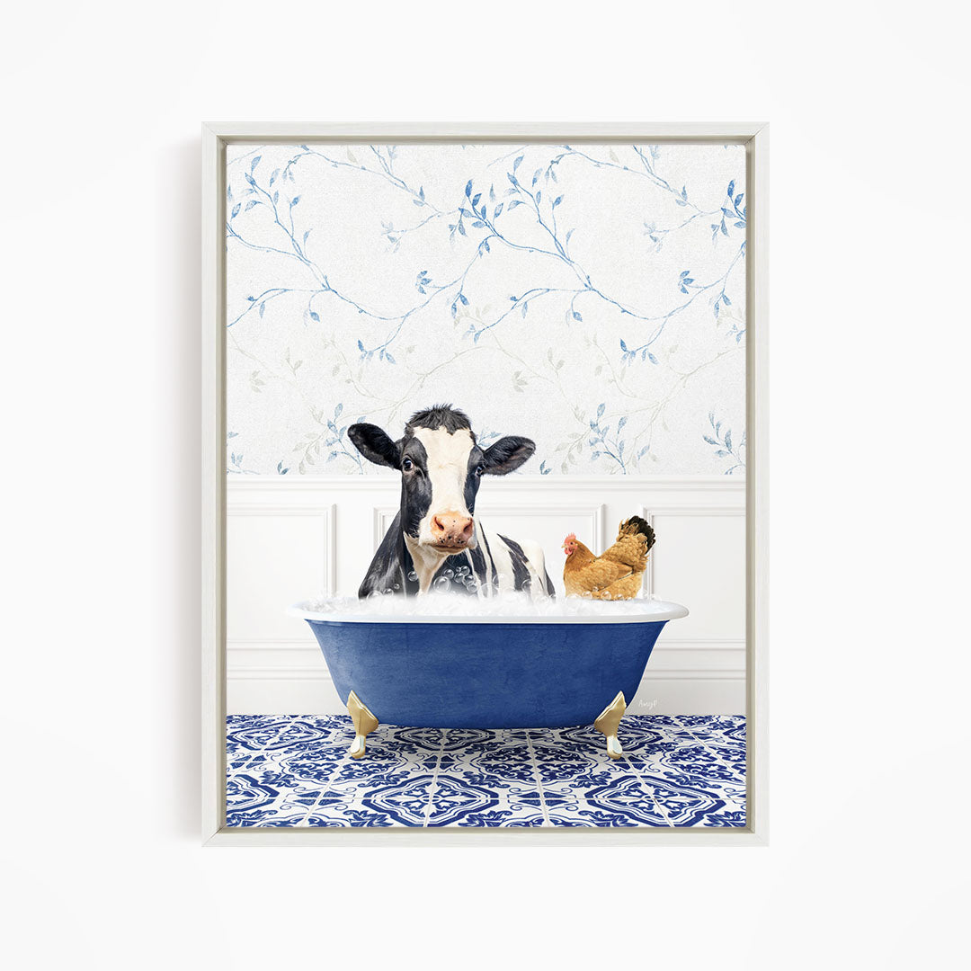 A cow is sitting in a blue bathtub, surrounded by a chicken and a rooster, with a blue and white floral patterned wall in the background.