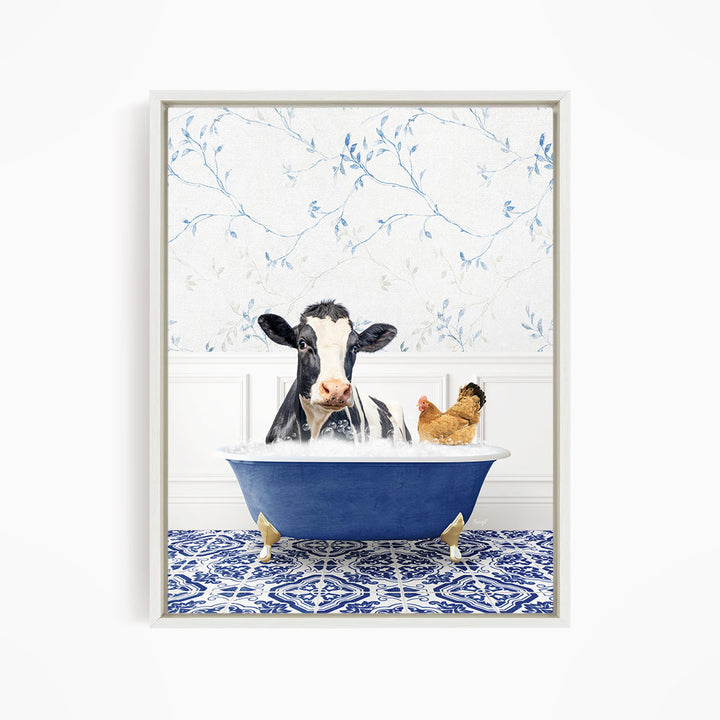 A cow is sitting in a blue bathtub, surrounded by a chicken and a rooster, with a blue and white floral patterned wall in the background.