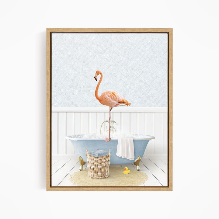 A pink flamingo stands on the edge of a blue bathtub filled with water, surrounded by a yellow rubber duck and a basket.