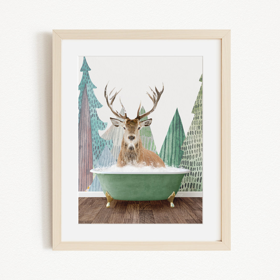 A deer with antlers is sitting in a green bathtub, surrounded by a forest scene with trees and a snowy landscape.