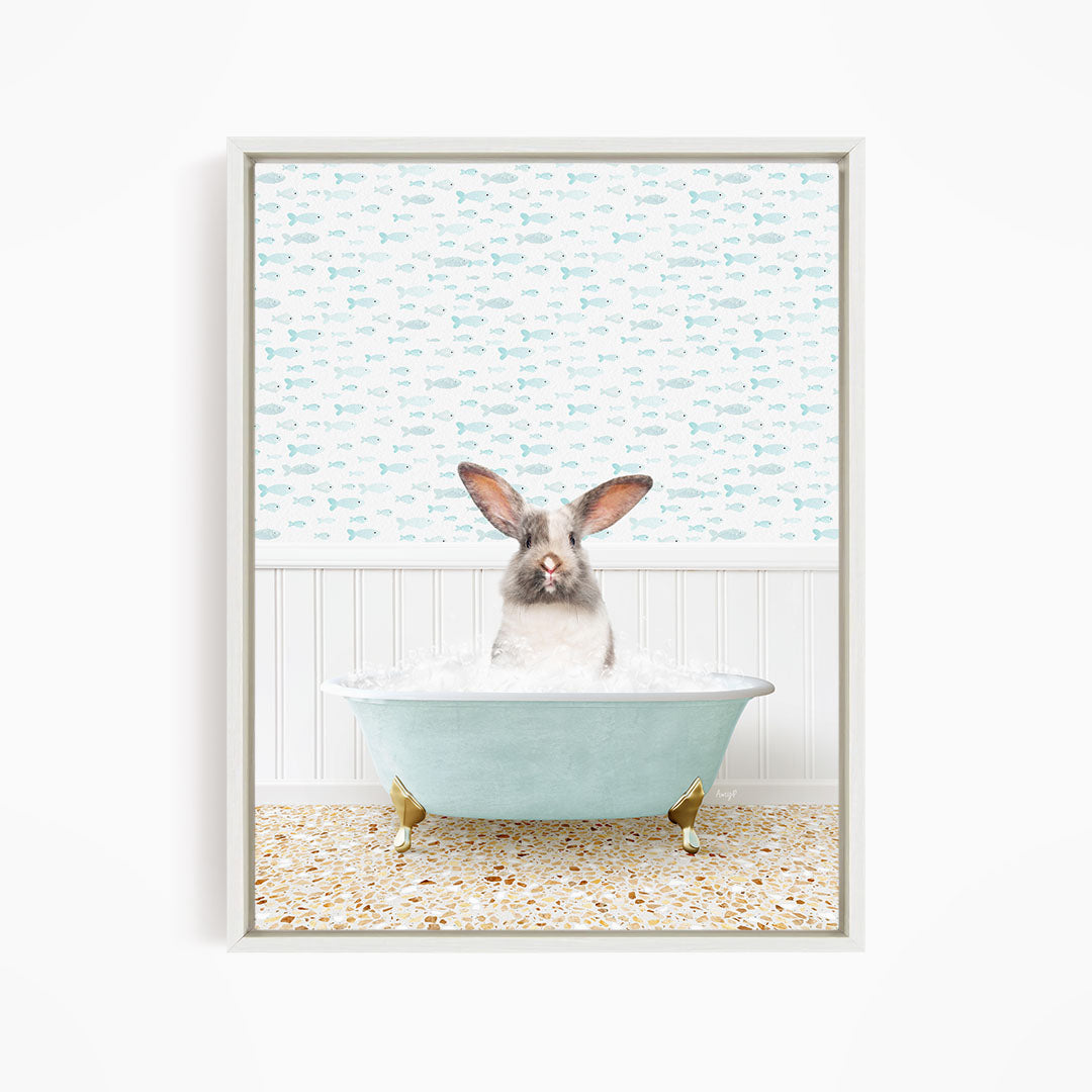 A rabbit sitting in a bathtub filled with water, surrounded by a pattern of fish.