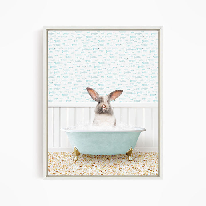 A rabbit sitting in a bathtub filled with water, surrounded by a pattern of fish.