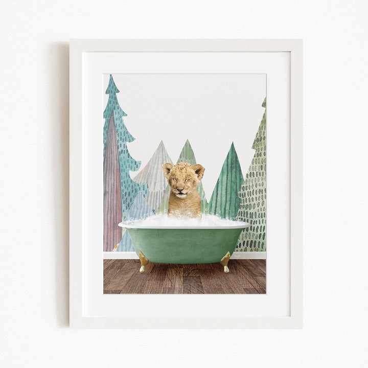 A young lion cub sitting in a green bathtub, surrounded by stylized trees in the background.