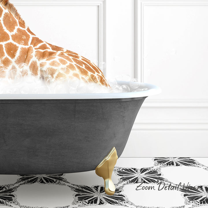 A giraffe is sitting in a bathtub filled with water, creating a whimsical and playful scene.