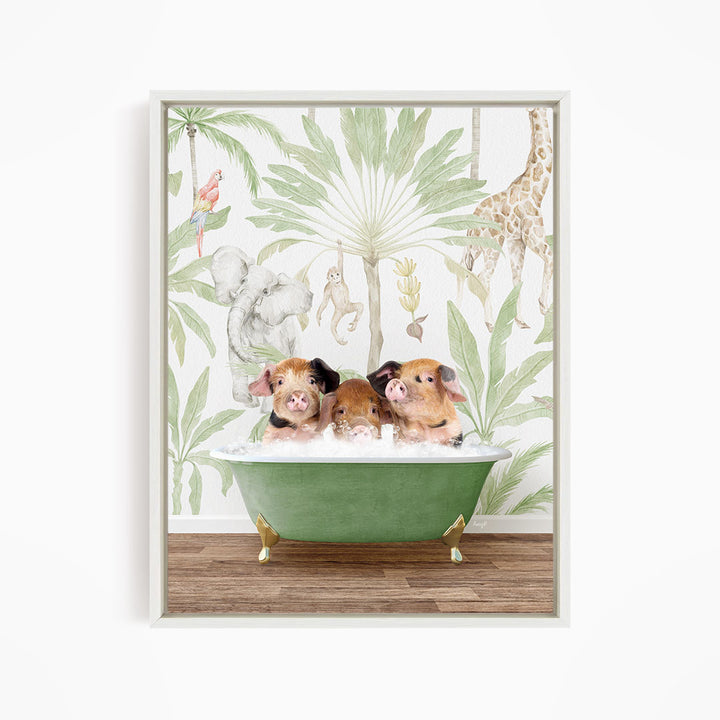 A framed print depicting three pigs sitting in a green bathtub, surrounded by a tropical jungle wallpaper with various animals and plants.
