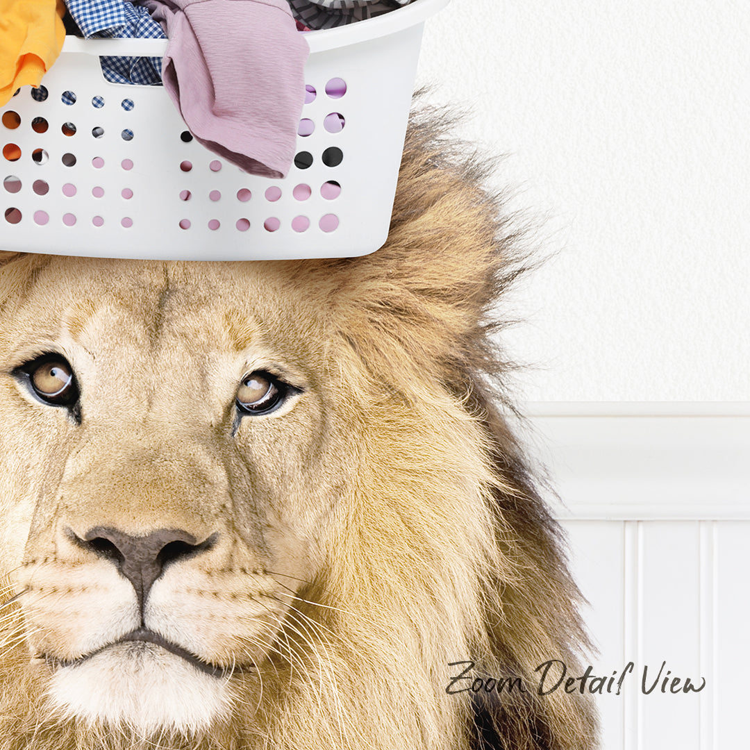 A close-up of a lion's face with a laundry basket on its head, accompanied by the text "Zoom Detail View".