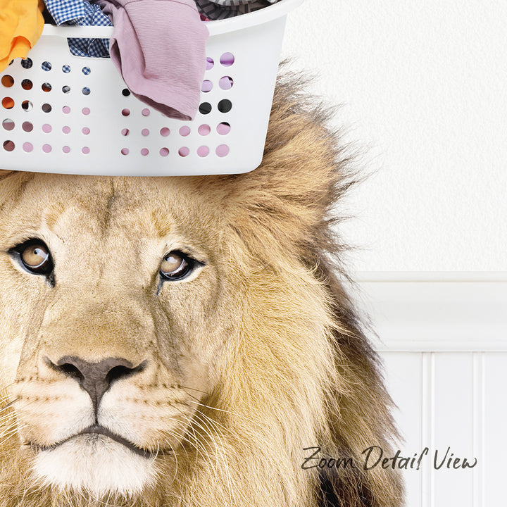 A close-up of a lion's face with a laundry basket on its head, accompanied by the text "Zoom Detail View".