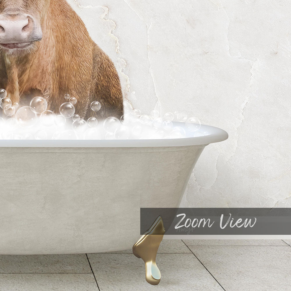 A brown cow standing in a white bathtub filled with bubbles, with the text "Zoom View" below the image.