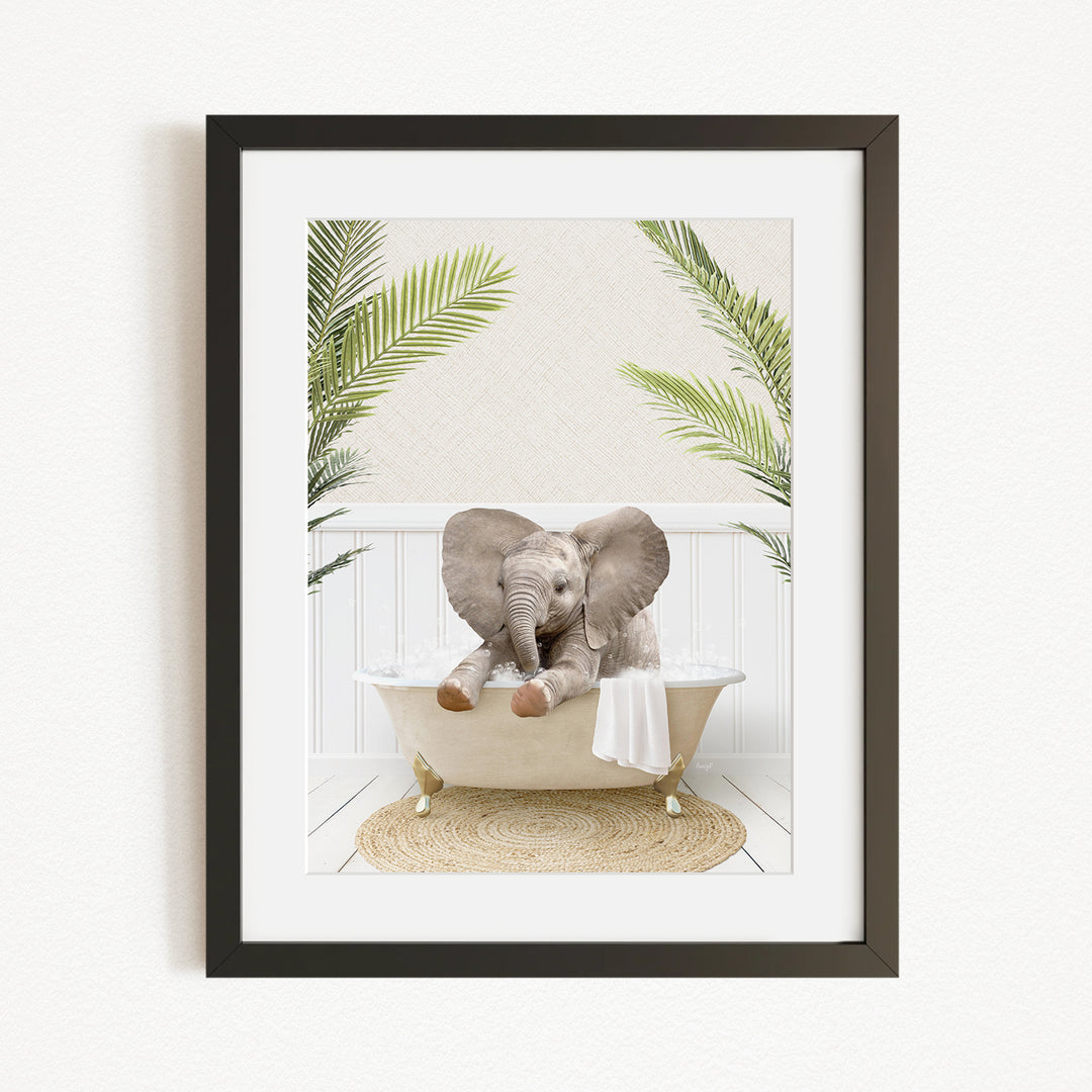 A baby elephant sitting in a bathtub, surrounded by green palm leaves, creating a whimsical and playful scene.