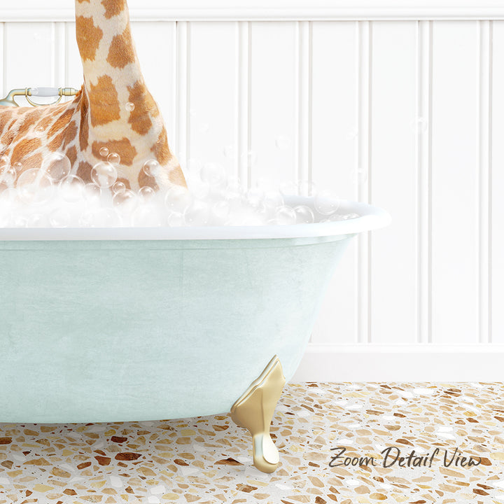 A giraffe standing in a bathtub filled with bubbles, with a text overlay that reads "Zoom Detail View".