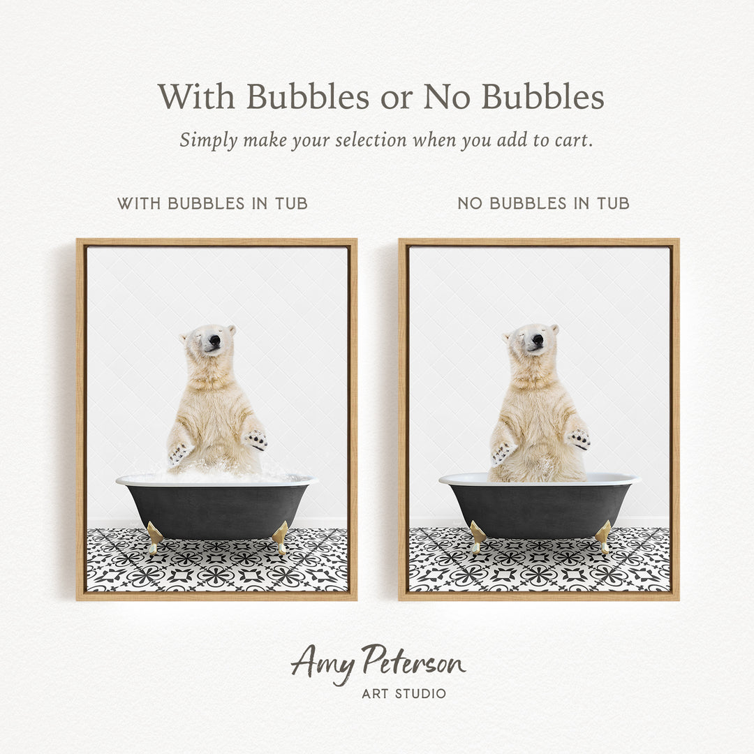The image is a collage of two pictures featuring a polar bear sitting in a tub. The polar bear in each picture has bubbles, creating a playful and whimsical scene.