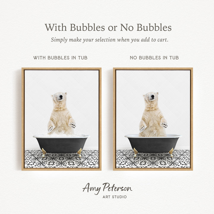 The image is a collage of two pictures featuring a polar bear sitting in a tub. The polar bear in each picture has bubbles, creating a playful and whimsical scene.