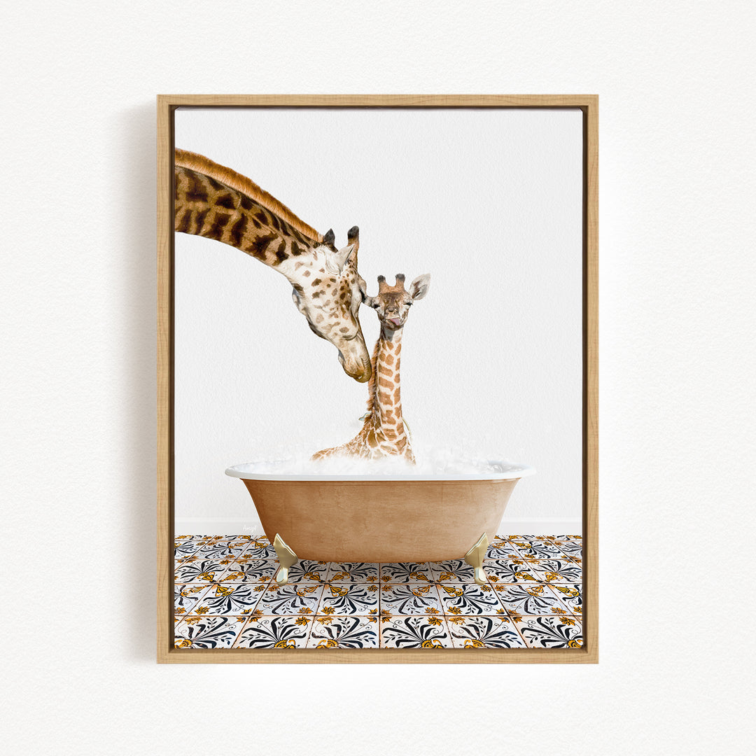 A mother giraffe and her baby giraffe are enjoying a relaxing bath together in a brown bathtub, surrounded by a patterned tile floor.