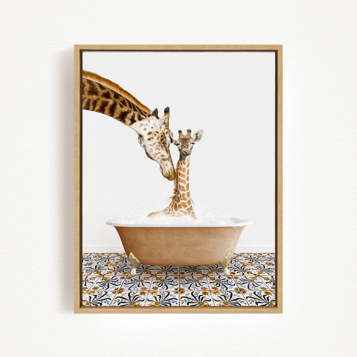 A mother giraffe and her baby giraffe are enjoying a relaxing bath together in a brown bathtub, surrounded by a patterned tile floor.