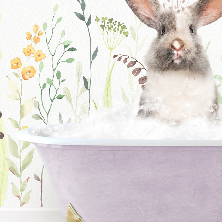 a rabbit is sitting in a bathtub with flowers on the wall