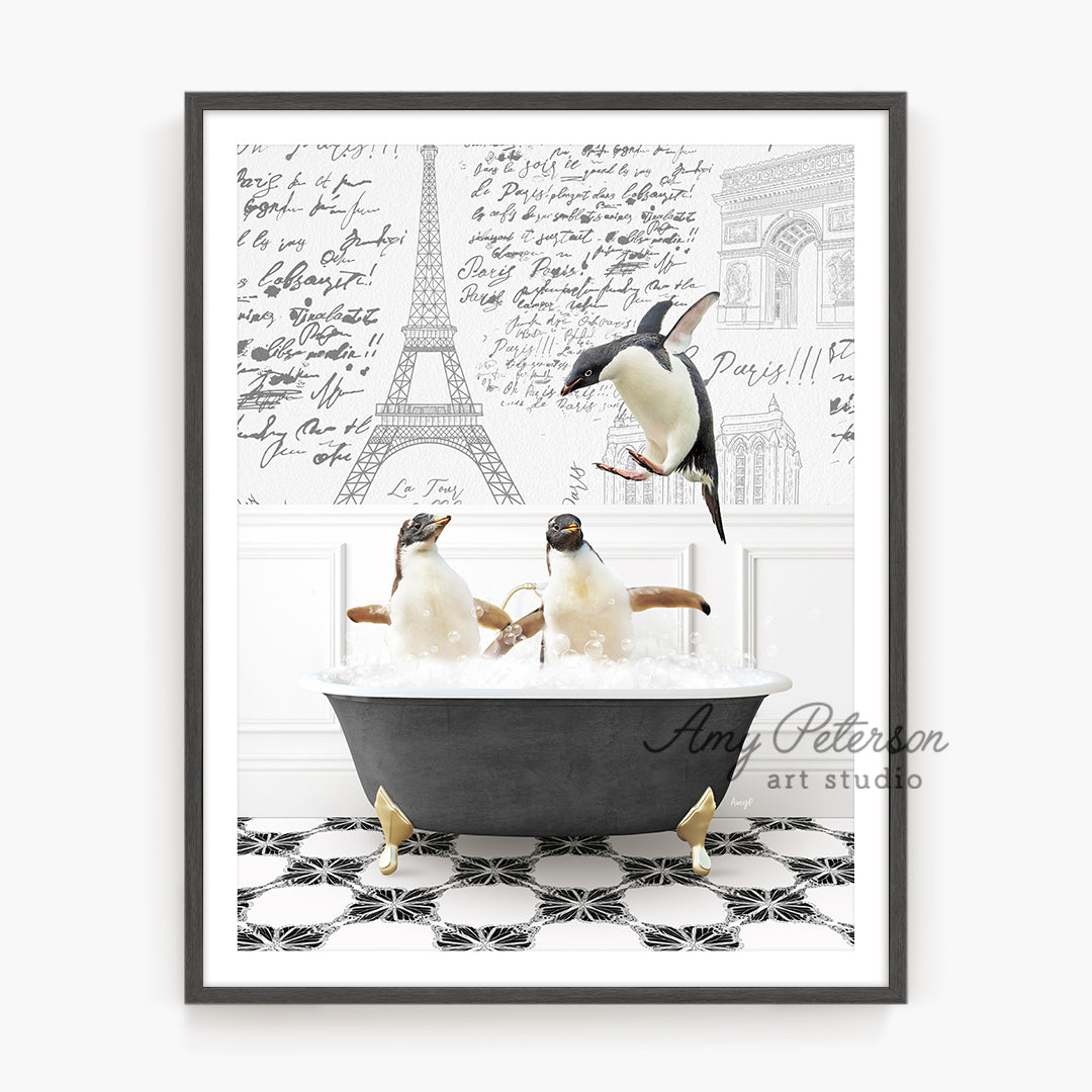 a picture of penguins in a bathtub with the eiffel tower in the