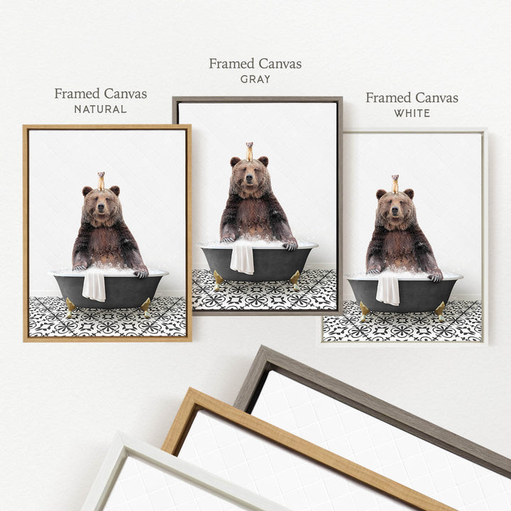 a framed picture of a bear sitting in a bathtub, with three different colored frames labeled "Natural", "Grays", and "White".