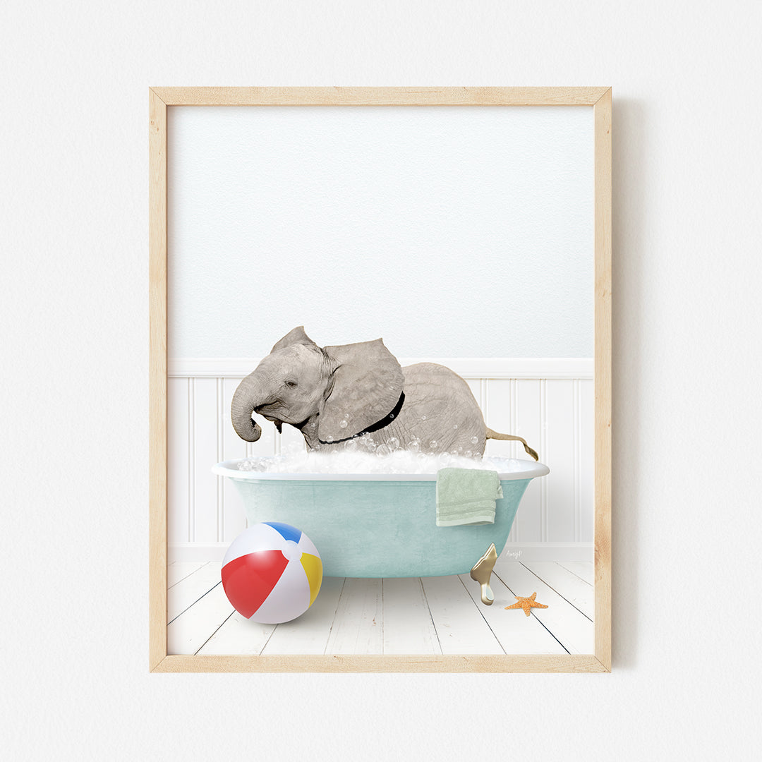 a picture of an elephant in a bathtub with a beach ball