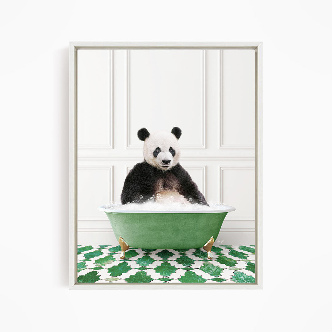 A panda bear sitting in a green bathtub filled with bubbles, surrounded by a green and white patterned floor.