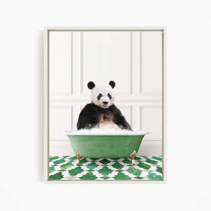 A panda bear sitting in a green bathtub filled with bubbles, surrounded by a green and white patterned floor.