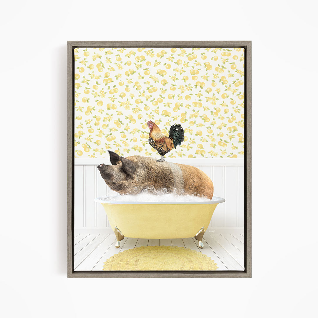 A rooster stands on a pig's back while the pig is sitting in a yellow bathtub filled with water, against a yellow and white floral wallpaper.