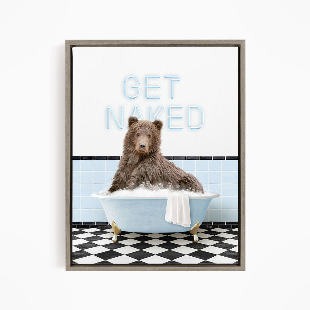 A brown bear sitting in a blue bathtub with a towel, surrounded by a checkered black and white floor and a wall with the text "GET NAKED" written on it.