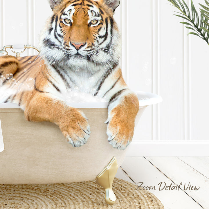 A tiger resting in a bathtub, surrounded by bubbles, with a plant visible in the background.