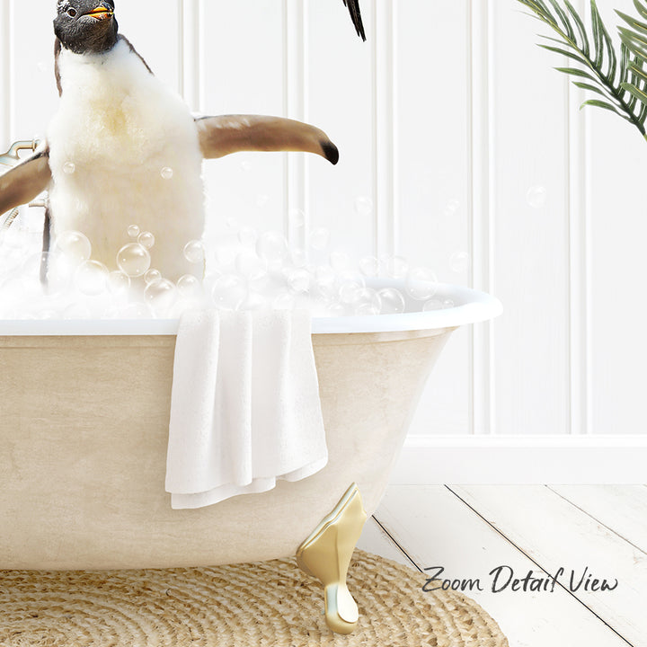 A penguin standing in a bathtub filled with bubbles, with a towel and a plant visible in the background.