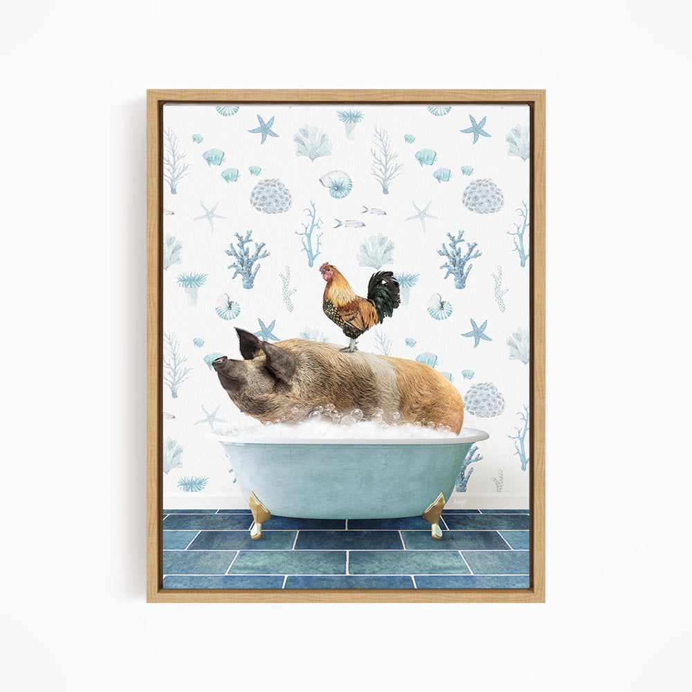 A rooster sits atop a pig in a blue bathtub, surrounded by a pattern of seashells, starfish, and other marine life.