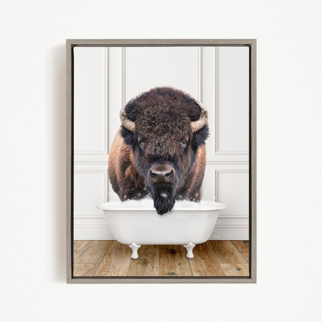 A buffalo with a long beard is standing in a white bathtub filled with water, appearing to be enjoying a bath.