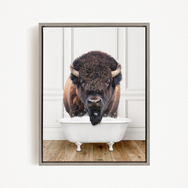 A buffalo with a long beard is standing in a white bathtub filled with water, appearing to be enjoying a bath.