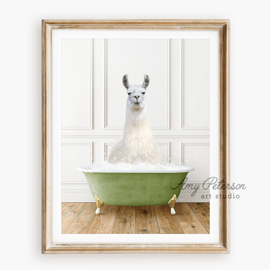 a picture of a llama in a bathtub