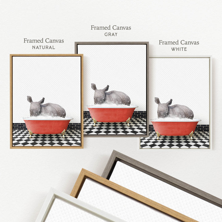 three framed pictures of a rhinoceros sitting in a red bathtub, each with a different frame color: natural, gray, and white.