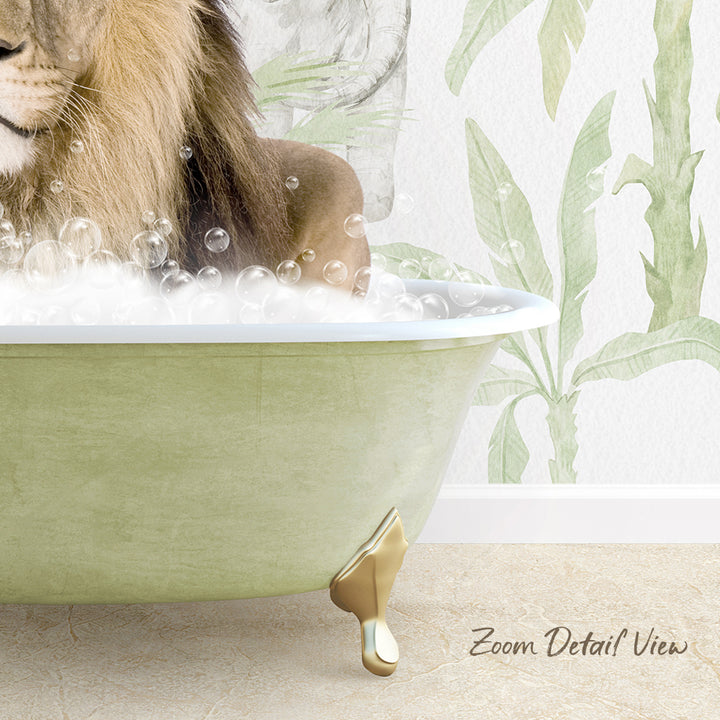 A lion is sitting in a green bathtub filled with bubbles, with a tropical plant wallpaper in the background.