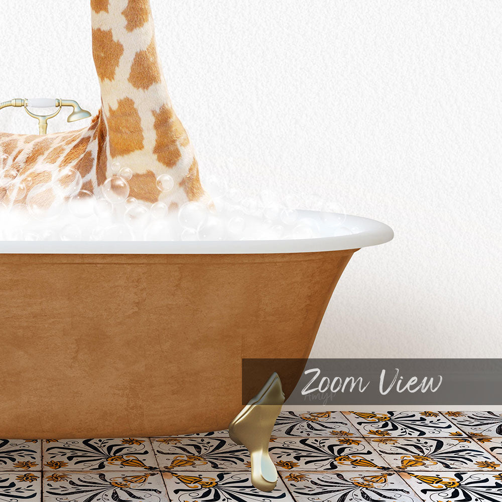 A giraffe standing in a bathtub filled with bubbles, with a text overlay that reads "Zoom View".