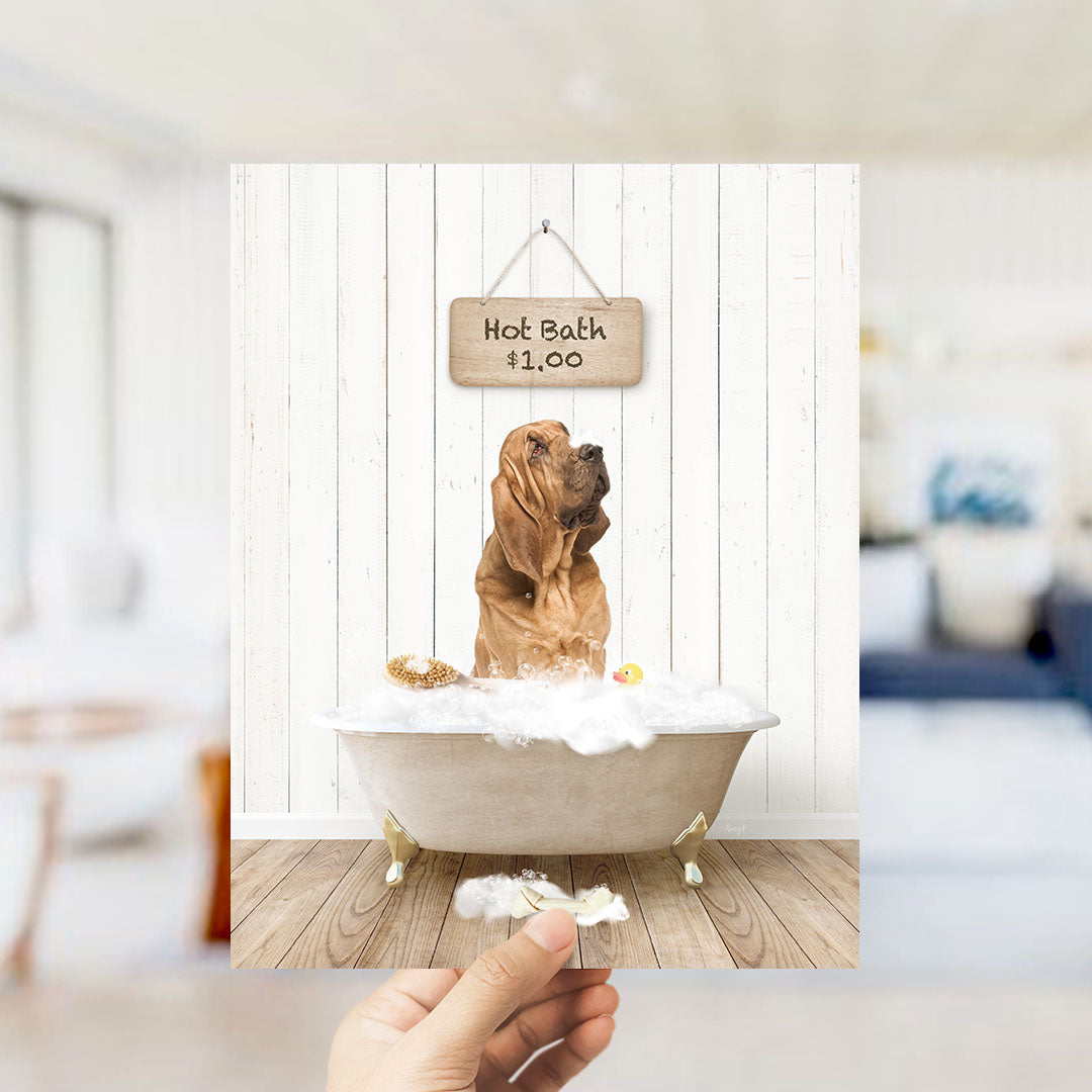 A brown dog sitting in a bathtub filled with bubbles, with a sign above the tub that says "Hot Bath $1.00".
