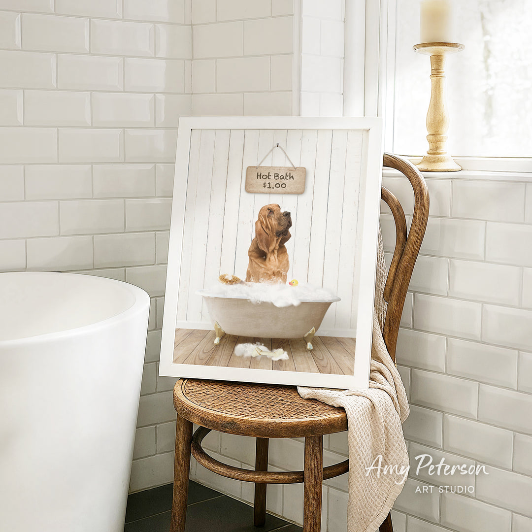 A framed image of a dog sitting in a bathtub, with a sign above it that says "Hot Bath $1.00".