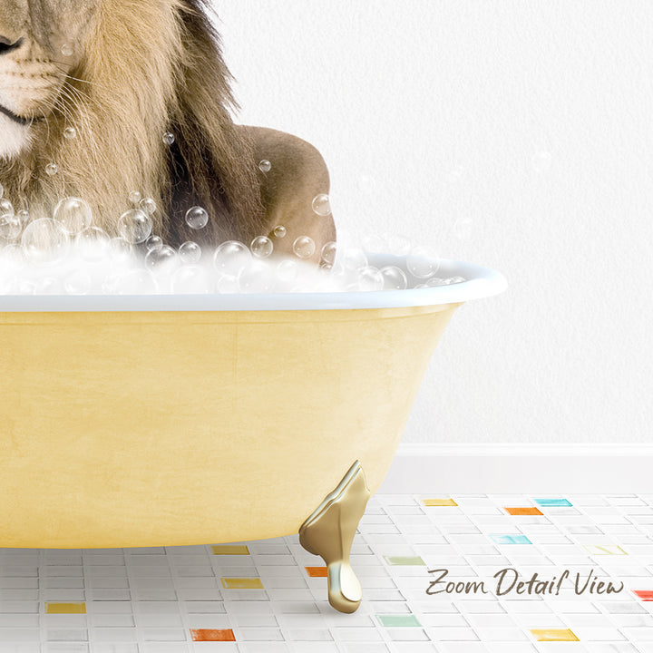 A lion is sitting in a yellow bathtub filled with bubbles, creating a whimsical and playful scene.