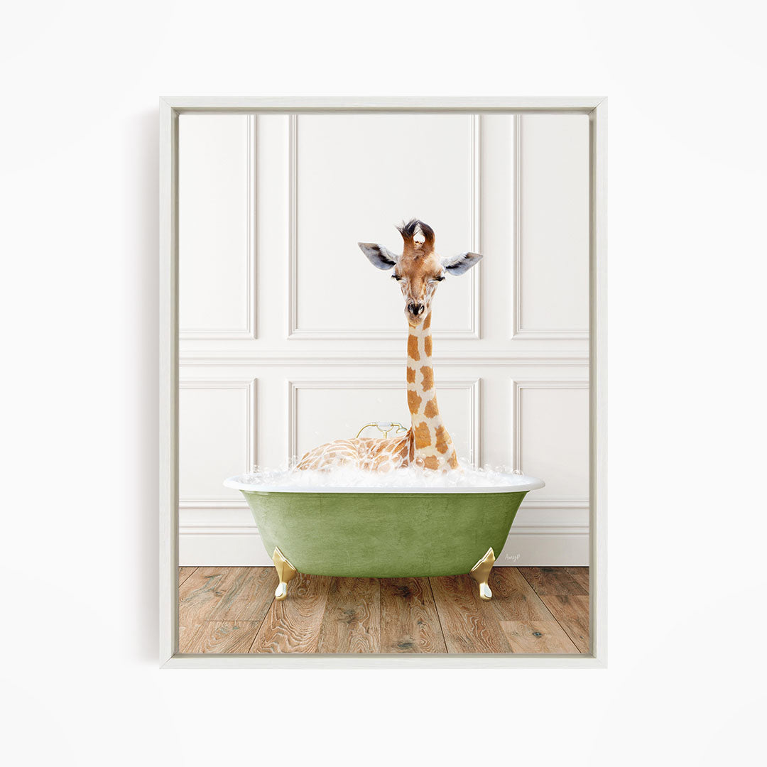A giraffe is sitting in a green bathtub filled with bubbles, creating a whimsical and playful scene.