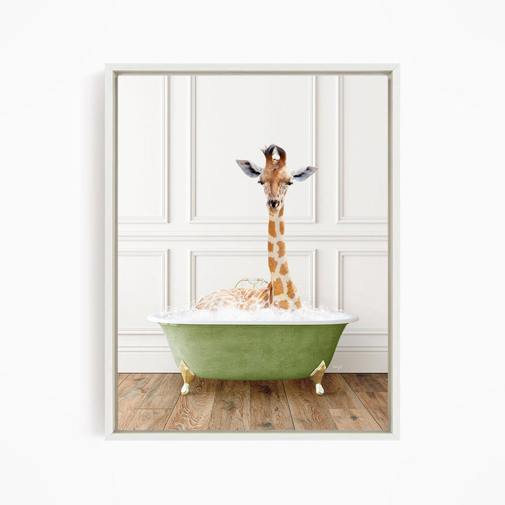 A giraffe is sitting in a green bathtub filled with bubbles, creating a whimsical and playful scene.