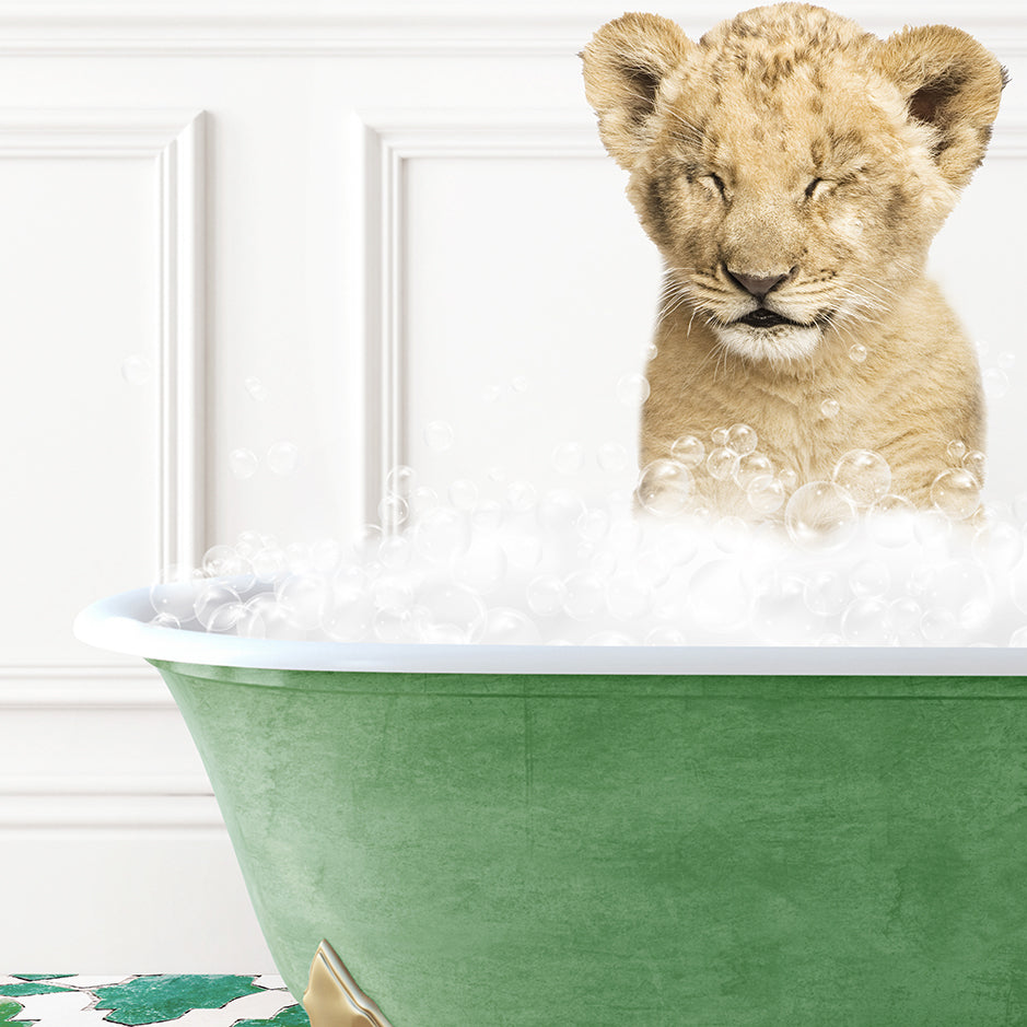 a lion cub sitting in a bathtub full of bubbles